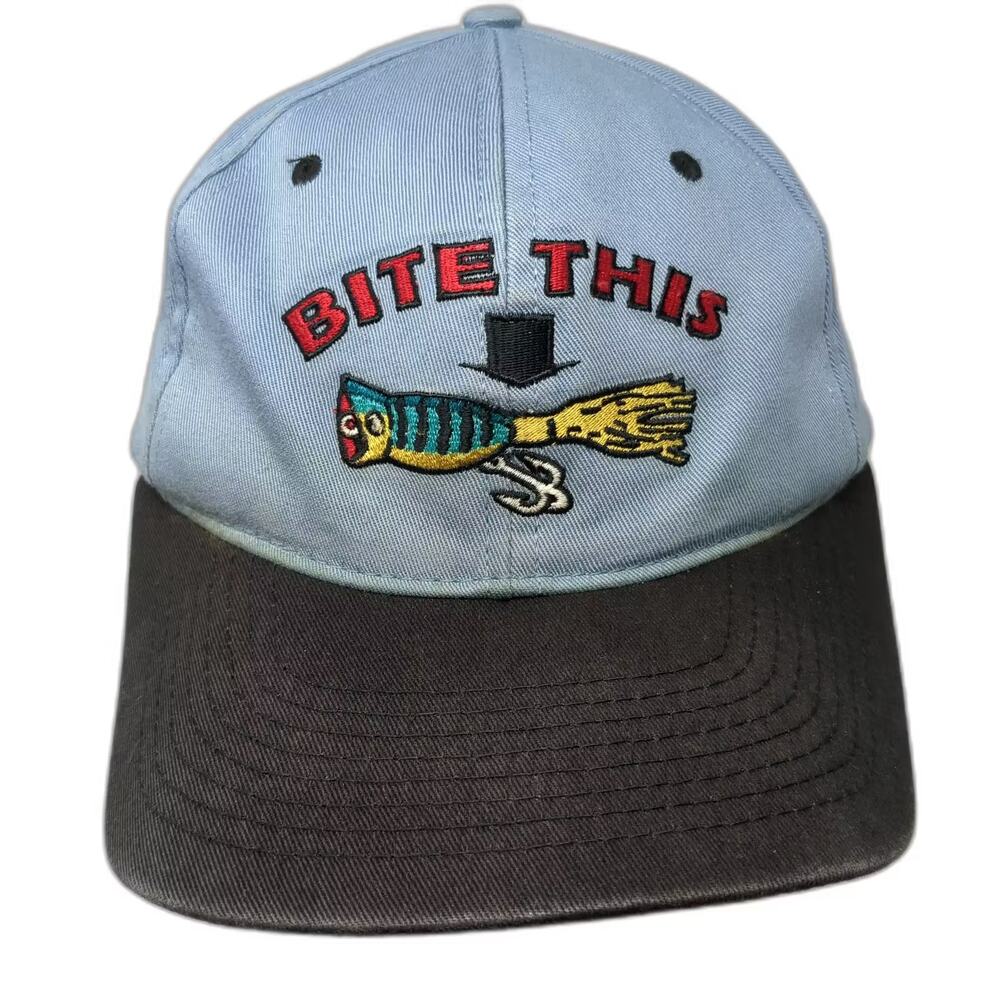 Shoebox Snapback Hat Blue Black OS Bite This Fishing Lure Adjustable Embroidered